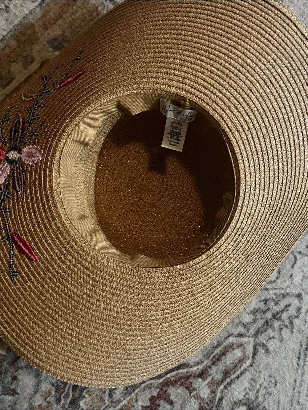 Wonderly Tan Wide-Brim Sun Hat with Embroidered Floral Detail